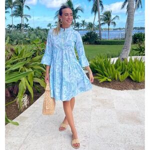 Sheridan French Caty Midi Dress Whimsical Island Sky Print Ruffle Sleeves XL NWT